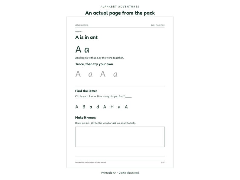 Alphabet Adventures: actual activity page 1; Aetus Learning.