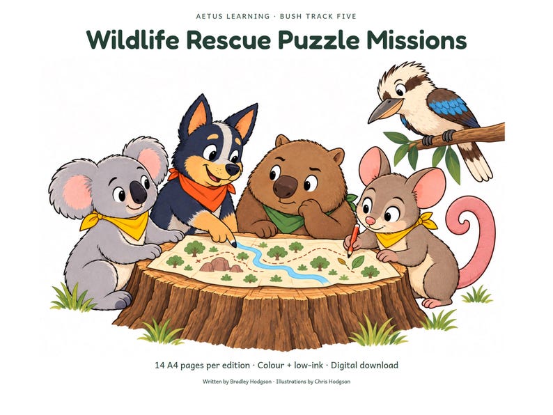 Wildlife Rescue Puzzle Missions - large illustrated cover - Aetus Learning, art refresh September 2026.