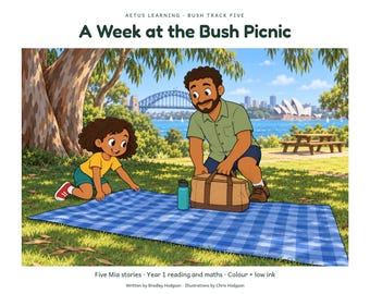 May include: A book cover titled A Week at the Bush Picnic by Aetus Learning. The illustration shows a child and an adult on a blue checkered blanket with a water bottle and bag, with the Sydney Harbour Bridge and Opera House in the background.
