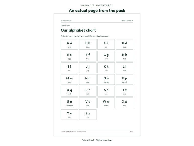 Alphabet Adventures: actual activity page 2; Aetus Learning.