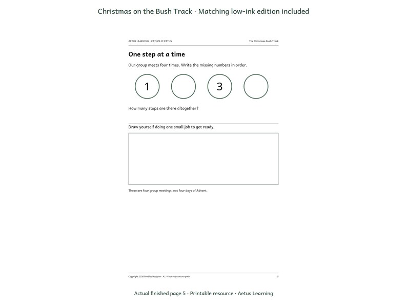 Christmas on the Bush Track — actual low-ink page — Aetus Learning October 2026.