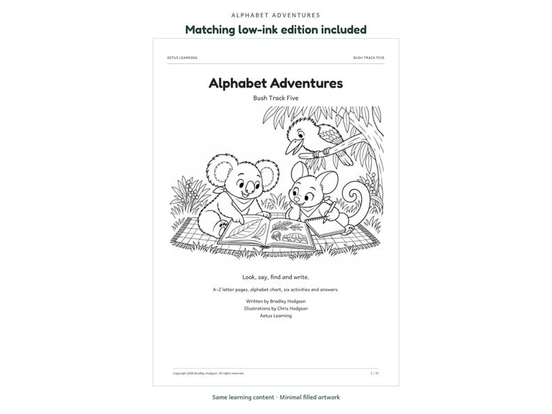 Alphabet Adventures: actual low-ink activity page; Aetus Learning.