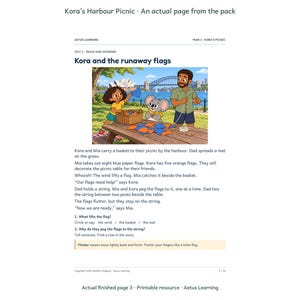 Kora’s Harbour Picnic — Coral Sunset — actual finished page 1 — Aetus Learning October 2026.