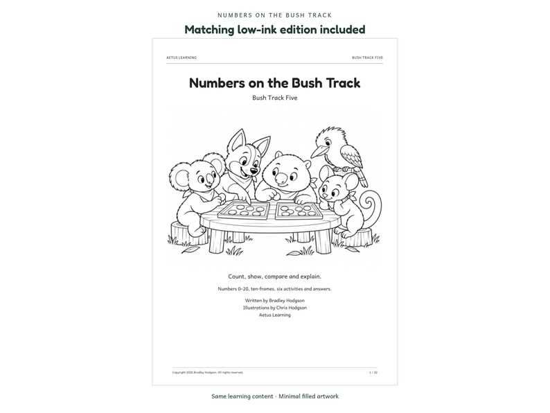 Numbers on the Bush Track: actual low-ink activity page; Aetus Learning.