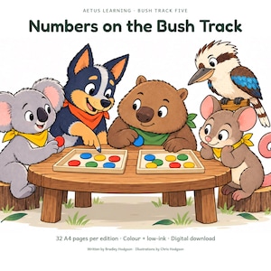 Può includere: Un'illustrazione digitale intitolata Numbers on the Bush Track di Aetus Learning. Un koala, un cane, un wombat, un kookaburra e un opossum siedono attorno a un tavolo di legno con due vassoi di gettoni circolari colorati.
