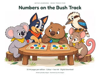 May include: A digital illustration titled Numbers on the Bush Track by Aetus Learning. A koala, dog, wombat, kookaburra, and possum sit around a wooden table with two trays of colorful circular tokens. Text includes 32 A4 pages per edition.