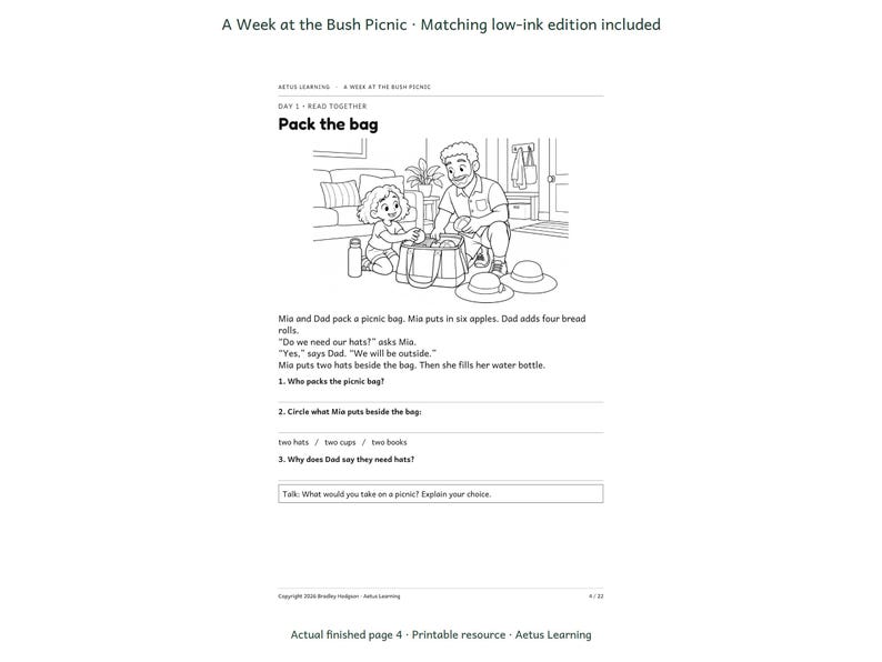 A Week at the Bush Picnic — actual low-ink page — Aetus Learning October 2026.