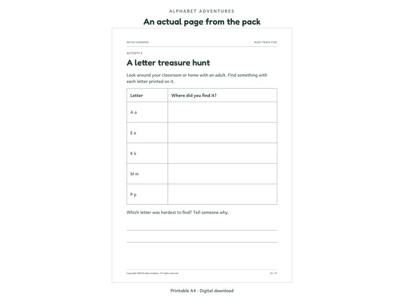 Alphabet Adventures: actual activity page 3; Aetus Learning.