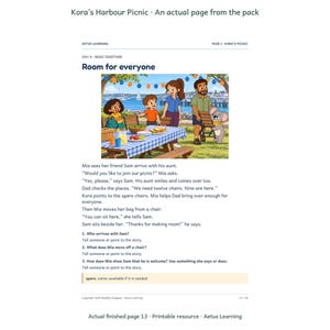 Kora’s Harbour Picnic — Coral Sunset — actual finished page 3 — Aetus Learning October 2026.