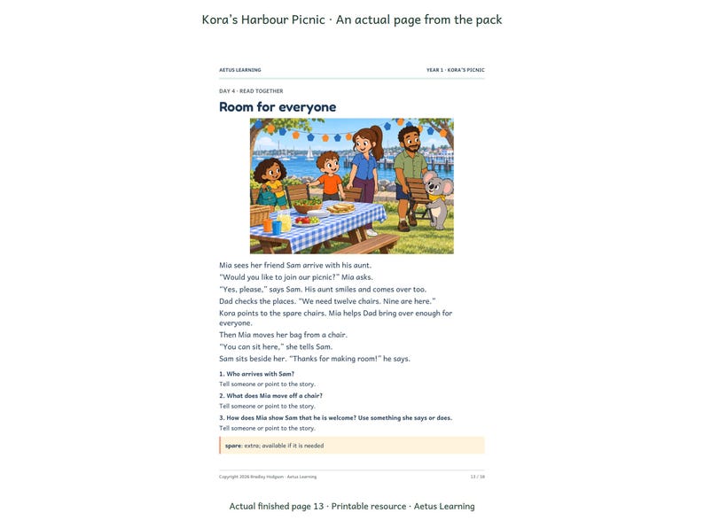 Kora’s Harbour Picnic — Coral Sunset — actual finished page 3 — Aetus Learning October 2026.