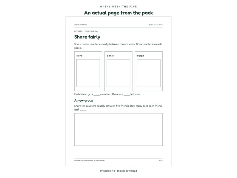 Maths with the Five: actual activity page 2; Aetus Learning.
