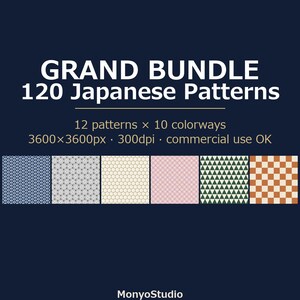以下が含まれることがあります： GRAND BUNDLE 120 Japanese Patterns、12 patterns x 10 colorways、3600x3600px、300dpi、commercial use OK、MonyoStudioというテキストが記載されたデジタル画像。テキストの下には、様々な幾何学模様が描かれた6つの正方形のタイルが並んでいます。