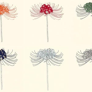 以下が含まれることがあります： 2列に並べられた10個の彼岸花のイラスト集。それぞれの花は、長く細い茎と、繊細で放射状に広がる花びらが特徴です。色はゴールド、オレンジ、赤、緑、ピンク、青、濃紺、白、グレー、紫の10色で描かれています。