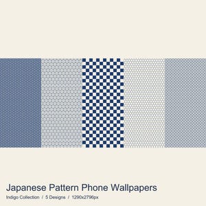 Puede incluir: Un conjunto de cinco fondos de pantalla digitales para teléfono con patrones japoneses en índigo y blanco, incluyendo ondas, flores, damero, hexágonos y diseños geométricos. El texto dice: Japanese Pattern Phone Wallpapers, Indigo Collection / 5 Designs / 1290x2796px.