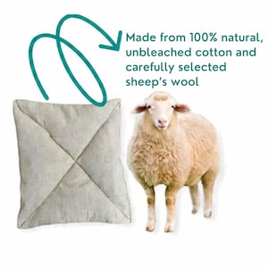 May include: A square, beige, unbleached cotton pillow with a diagonal stitched cross pattern. Next to it is an illustration of a sheep. Text reads: Made from 100% natural, unbleached cotton and carefully selected sheep's wool, with a teal arrow.