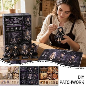 May include: A Dark Magic Fairies DIY patchwork fairy kit featuring a box with purple and black graphics, four finished fairy dolls with dark wings and dresses, and an instruction booklet showing step-by-step assembly of the fabric dolls.