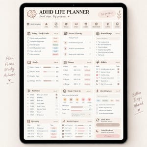 Può includere: Un pianificatore di vita digitale ADHD visualizzato sullo schermo di un tablet con uno schema di colori beige. L'interfaccia include sezioni per attività quotidiane, focus, brain dump, studio, esami, abitudini, routine e progressi settimanali.