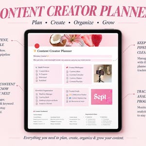 Könnte beinhalten: Ein digitaler Content Creator Planer auf einem Tablet-Bildschirm. Die Benutzeroberfläche enthält Bereiche für Content-Ideen, einen Arbeitsbereich, Organisations-Tools und Zielverfolgung. Der Text umfasst: Content Creator Planner, Plan, Create, Organize, Grow, und Everything you need to plan, create, organize & grow your content.