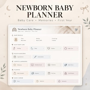 Può includere: Un'interfaccia digitale di pianificazione per neonati con sezioni per profilo del bambino, cura quotidiana, cartelle cliniche, crescita, ricordi, pianificazione e angolo della mamma. Include icone per alimentazione, sonno e pannolini.