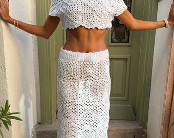 Handmade White Crochet Two-Piece Set, Off-Shoulder Crop Top, Midi Skirt, Boho Beach Outfit