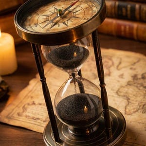 Könnte beinhalten: Eine Sanduhr im antiken Stil mit Messingrahmen und schwarzem Sand, die oben eine integrierte Kompassplatte besitzt. Das Kompasszifferblatt zeigt Himmelsrichtungen und numerische Markierungen, während die Glaskolben von vier Säulen gehalten werden.