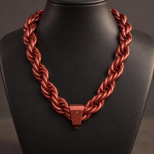 May include: A thick, metallic copper-colored rope chain necklace featuring a prominent, triangular-shaped clasp at the center. The chain consists of interlocking twisted links that create a continuous, textured, and heavy-looking circular design.