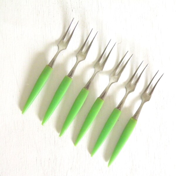 Vintage cocktail forks, set of 6, green plastic handles