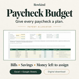 May include: A digital Paycheck Budget spreadsheet by Rowkind featuring a Payday Allocator table. The layout includes sections for pay date, amount, and bucket allocations for bills, savings, and variable expenses, compatible with Excel and Google Sheets.