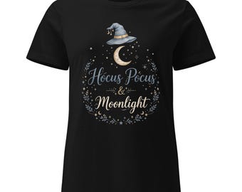 T-shirt « Hocus Pocus et Clair de Lune », T-shirt graphique d'Halloween sur le thème des sorcières, T-shirt Lune Céleste, Cadeau pour la saison des frissons pour elle