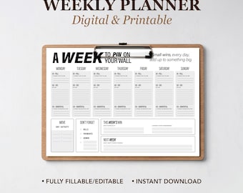 Minimalist Weekly Planner Fillable Printable, Editable PDF Desk Calendar, Horizontal Landscape Weekly Organizer, Digital Agenda Bundle