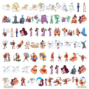 May include: A collection of colourful digital illustrations featuring characters from the animated film Hercules, including Hercules, Megara, Hades, Pegasus, and Philoctetes in various poses and scenes, with the watermark xHeroBoxArt visible.