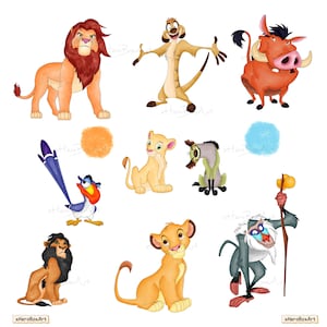 Puede incluir: Una colección de ilustraciones digitales con personajes de El Rey León, incluyendo a Simba, Nala, Mufasa, Scar, Timon, Pumbaa, Zazu, Rafiki y Ed, representados en un estilo animado y colorido sobre un fondo blanco liso.
