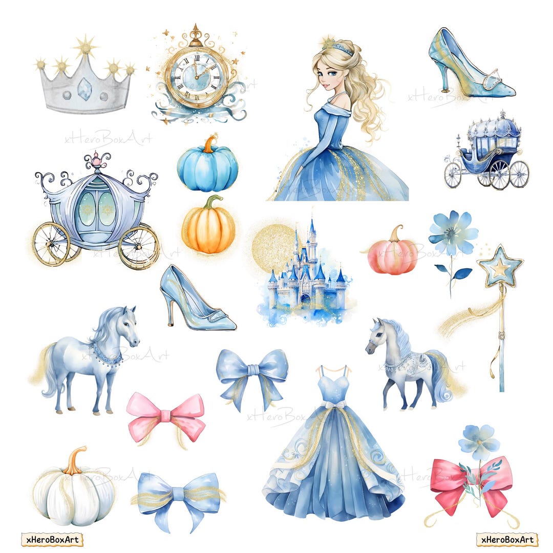 Cinderella Png Bundle, Watercolor Princess Clipart Download, Magic ...
