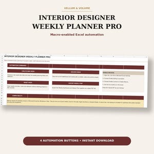 Könnte beinhalten: Eine digitale Interior Designer Weekly Planner Pro Tabellenkalkulation mit makrobasierter Excel-Automatisierung. Die Benutzeroberfläche enthält Befehlsschaltflächen zum Erstellen, Archivieren, Zurücksetzen und Exportieren von Wochen sowie Anweisungen zur Makroaktivierung.