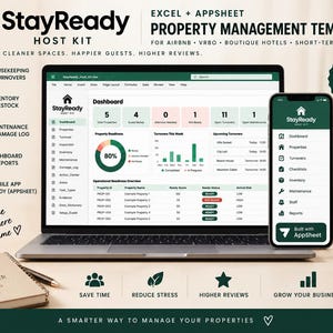 May include: A digital property management template for Excel and AppSheet titled StayReady Host Kit. The screen displays a dashboard with property readiness metrics, turnover schedules, and maintenance logs, alongside a mobile app interface view.