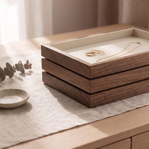 May include: A stack of three rectangular wooden jewelry trays with dark brown wood grain frames and cream-colored felt linings. The top tray contains two gold rings and a thin gold chain necklace. A small speckled ceramic dish sits nearby.