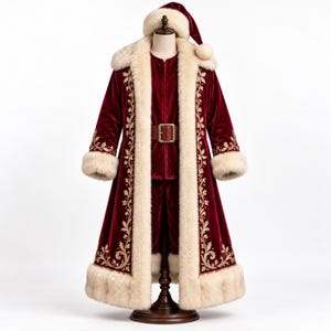 Cappotto di Babbo Natale bordeaux con ricami dorati e finiture in pelliccia color crema, costume lungo di Babbo Natale, abito natalizio vittoriano