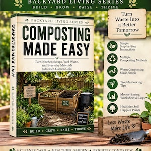 May include: A hardcover book titled Composting Made Easy from the Backyard Living Series. The cover features a garden scene with wooden compost bins, a black bin, and text including Turn Waste Into a Better Tomorrow and Less Waste More Life.