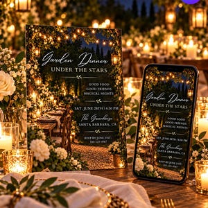 Puede incluir: Un letrero rectangular y un teléfono inteligente que muestran una invitación para una cena en el jardín bajo las estrellas. El diseño presenta un jardín nocturno con luces, flores blancas y detalles del evento en Santa Barbara, California.