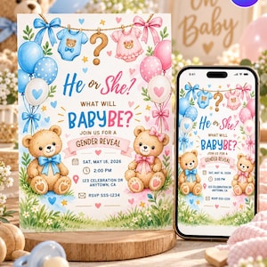 Puede incluir: Una tarjeta de invitación para revelación de género y un teléfono inteligente con el mismo diseño. La ilustración muestra dos ositos de peluche, ropa de bebé en un tendedero, globos y el texto He or She? What will baby be? Join us for a gender reveal.