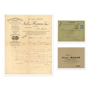 Könnte beinhalten: Eine Sammlung von drei alten Papierdokumenten, darunter ein großer Briefkopf von Jules Haran Succ. vom 2. Mai 1896, ein adressierter Umschlag mit Briefmarke und eine kleine rechteckige Visitenkarte mit dem Namen Jules Haran aus Paris.