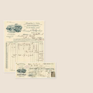 May include: Two vintage off-white paper documents featuring black printed text and illustrations of a factory. The larger document is a vertical invoice with handwritten entries and columns, while the smaller horizontal document is a receipt.