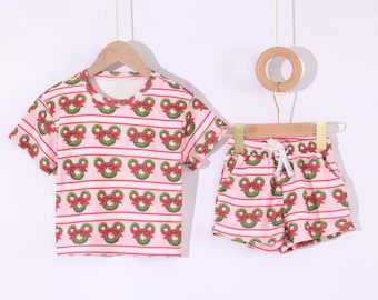 Mommy & Me Christmas Wreath Pajama Set: Pink Waffle Knit Family Loungewear