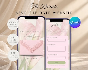 May include: Two smartphones display a digital wedding save the date website template. The screens feature a soft pink color palette with a floral background, an envelope graphic with lace detail, and input fields for guest contact information.