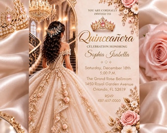May include: A rectangular Quinceañera invitation card featuring a gold tiara graphic, floral accents, and a depiction of a person in a ballgown. Text includes: YOU ARE CORDIALLY INVITED TO Quinceañera CELEBRATION HONORING Sophia Isabella Saturday, December 18th 5:00 P.M. The Grand Rose Ballroom 1450 Royal Garden Avenue Orlando, FL 32819 RSVP 487-657-0000.