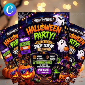 Può includere: Un volantino di invito per una festa di Halloween con uno sfondo scuro, una casa stregata, un fantasma, un gatto nero con un cappello da strega e zucche. Il testo include YOU ARE INVITED TO A HALLOWEEN PARTY, SPOOKTACULAR CELEBRATION, OCTOBER 31.