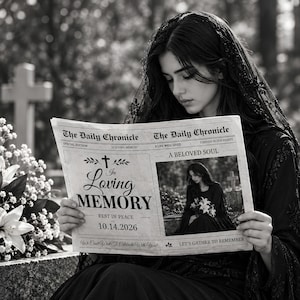 Può includere: Un giornale in bianco e nero intitolato The Daily Chronicle con il testo In Loving Memory, A Beloved Soul e la data 10.14.2026. Il giornale presenta una foto di una persona in abito nero che tiene dei fiori e il testo Let's Gather to Remember.