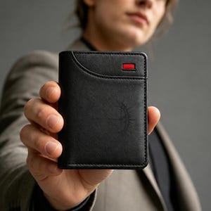May include: A black leather bifold wallet featuring a curved top pocket edge, a small rectangular red accent detail, and a faint embossed circular emblem centered on the front surface with visible black stitching along the edges.