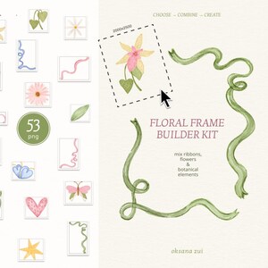 Pode incluir: Um kit digital de construção de molduras florais com 53 ficheiros PNG de flores, fitas e elementos botânicos em aguarela. A imagem apresenta uma seleção destes elementos e o texto Floral Frame Builder Kit, mix ribbons, flowers & botanical elements, e oksana zui.