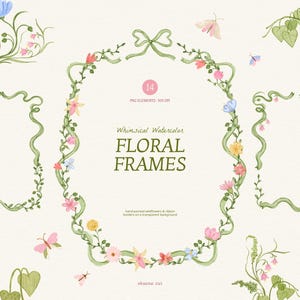 May include: A collection of watercolor floral frames featuring green ribbon borders adorned with small pink, yellow, and blue flowers. The central oval frame is topped with a ribbon bow. Text includes 14 PNG ELEMENTS 300 DPI, Whimsical Watercolor FLORAL FRAMES, hand-painted wildflowers & ribbon borders on a transparent background, and oksana zui.
